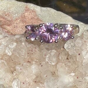 Elegant 3 Stone Pink  Mossinite 925 Sterling Silver Ring, Size 6.75